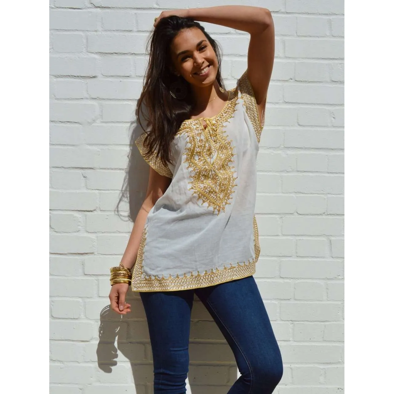 Asmahan Style White with Gold Embroidery Tunic