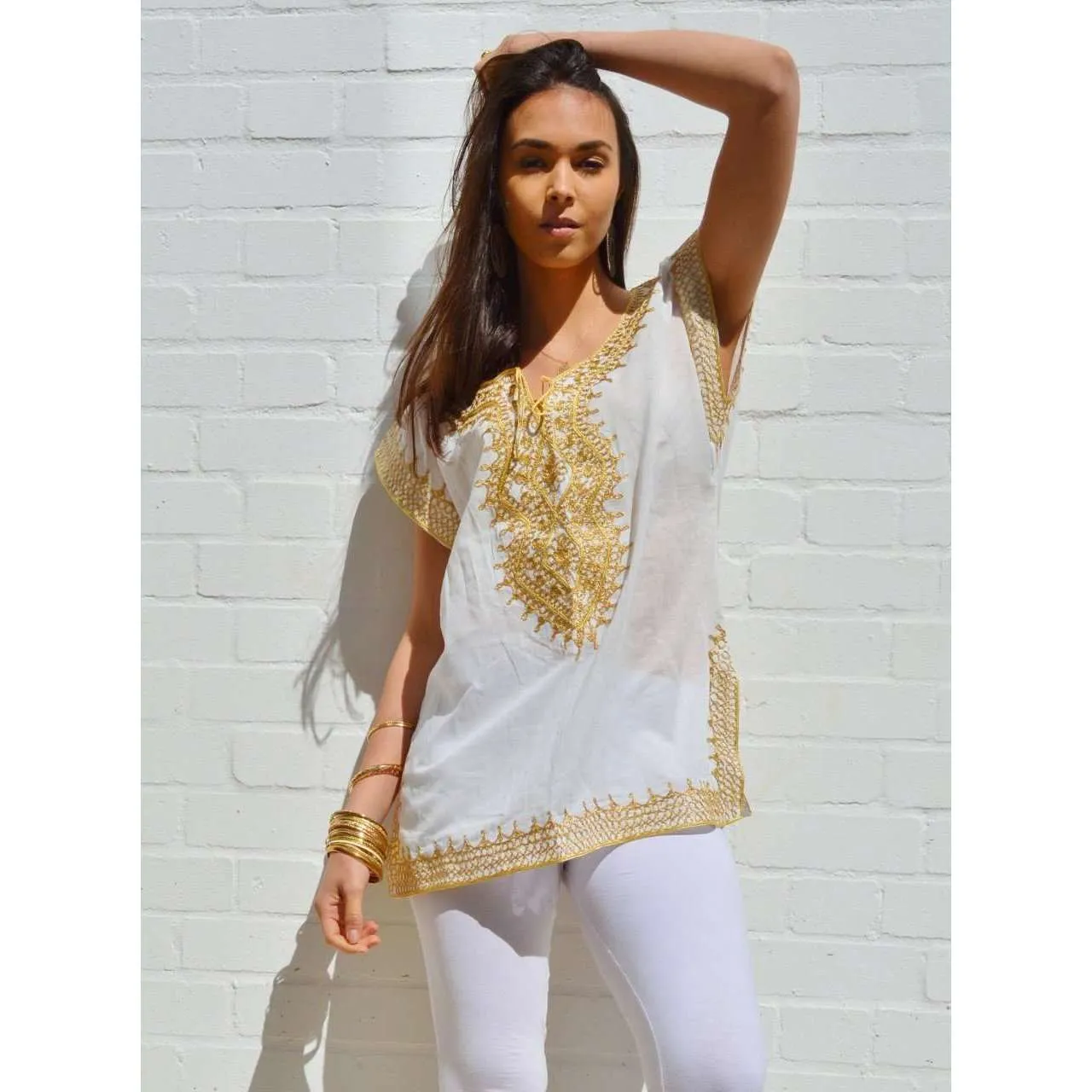 Asmahan Style White with Gold Embroidery Tunic