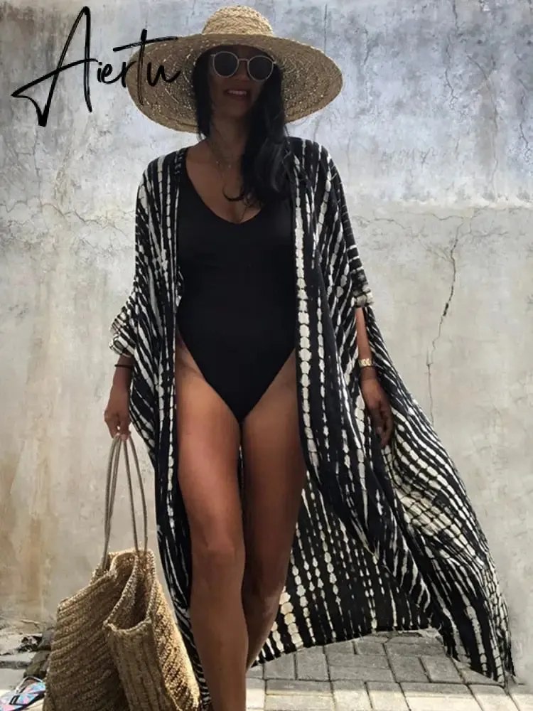 Beach Cover Ups for Swimwear Women Black Tie Dye Kimono Swimsuit Cape Summer Dress Beachwear Outfits Sales