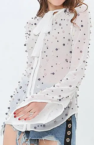 Bead-Embellished Chiffon Blouse - Black or White