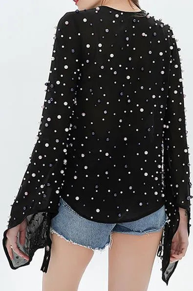 Bead-Embellished Chiffon Blouse - Black or White