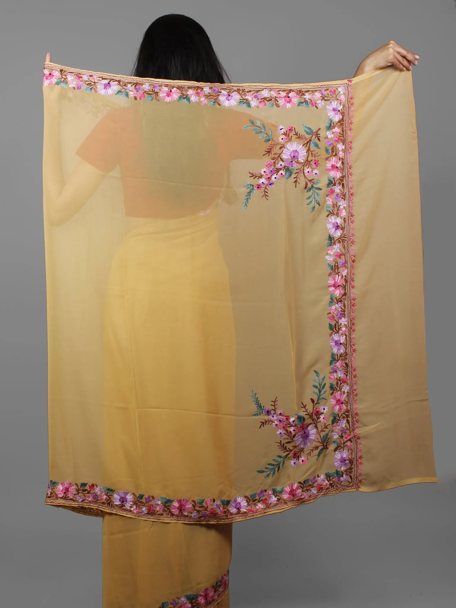 Beige Lavender Green Brown Aari Embroidered Chiffon Saree From Kashmir  - S031702164