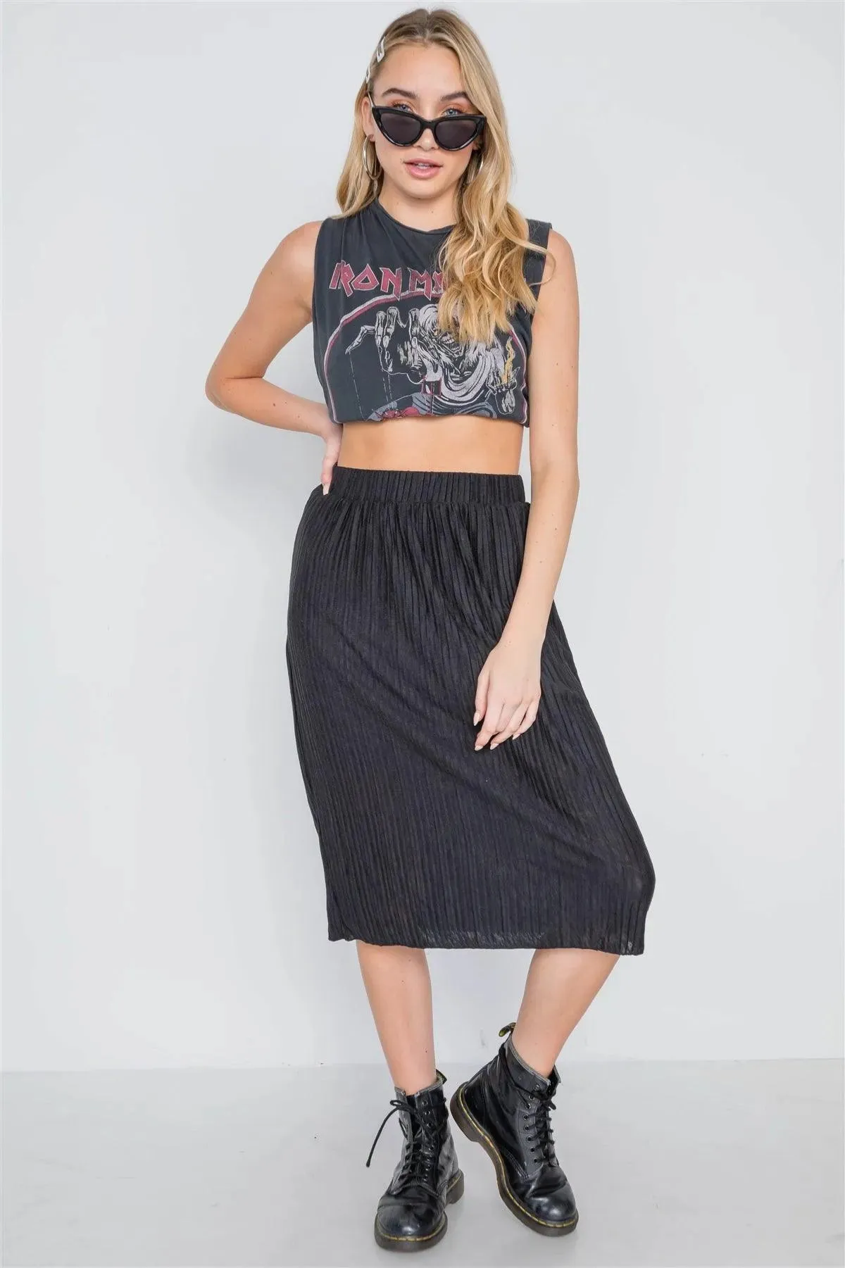 Black Knit Pleated High-Waist Midi Skirt /2-2-3