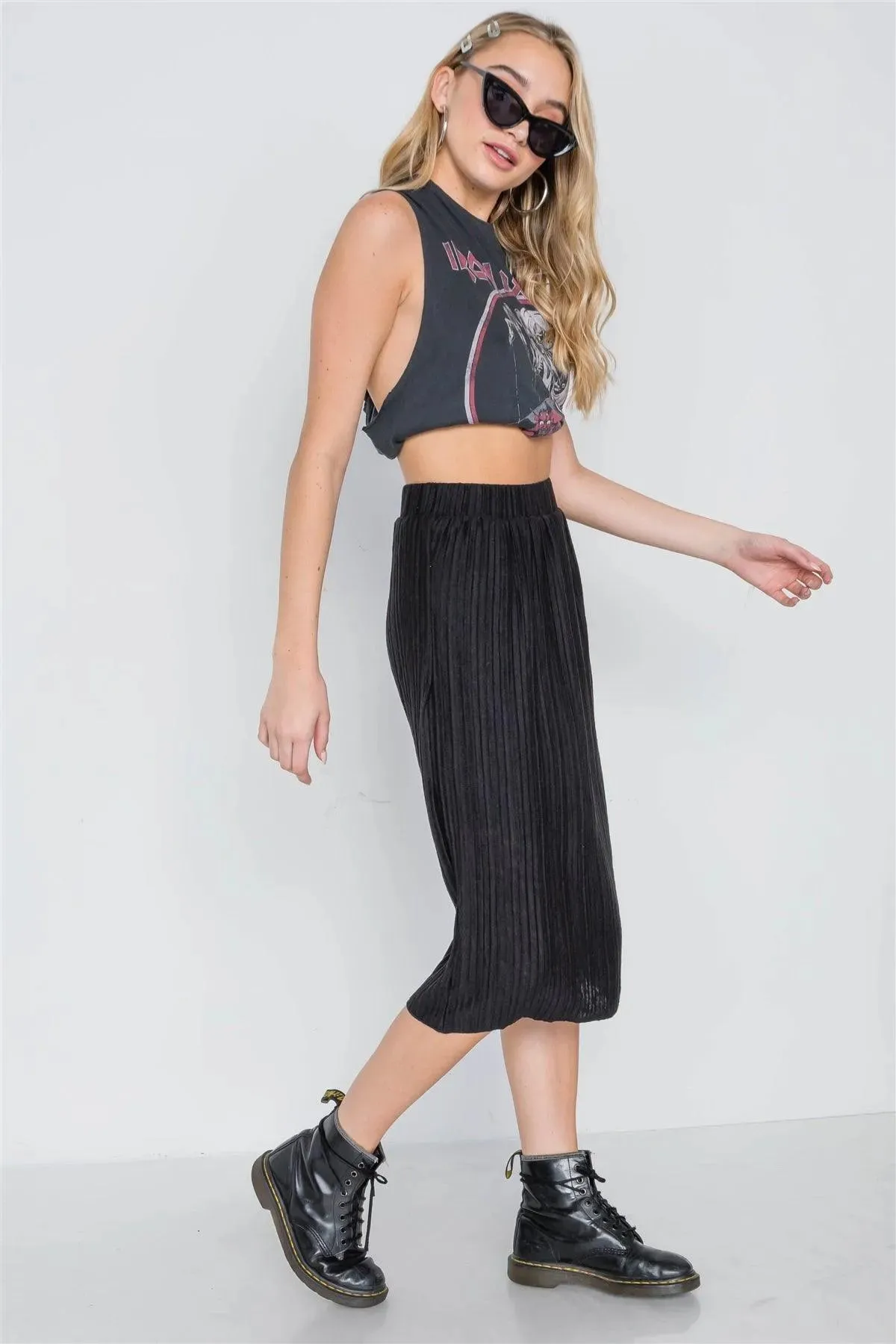 Black Knit Pleated High-Waist Midi Skirt /2-2-3