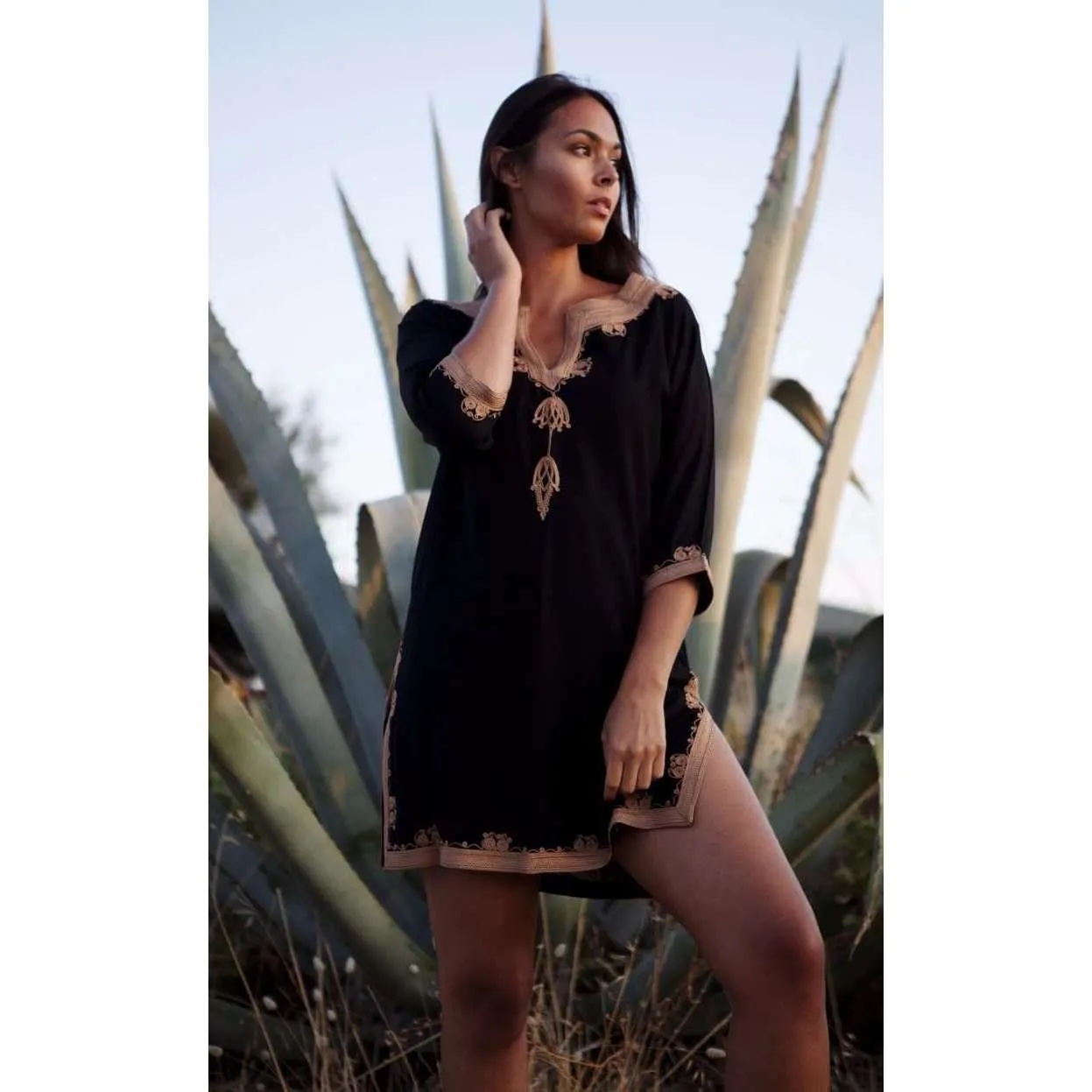 Black Tunic with Dark Golden Moroccan Embroidery-  Kalina Style Morccan Tunic