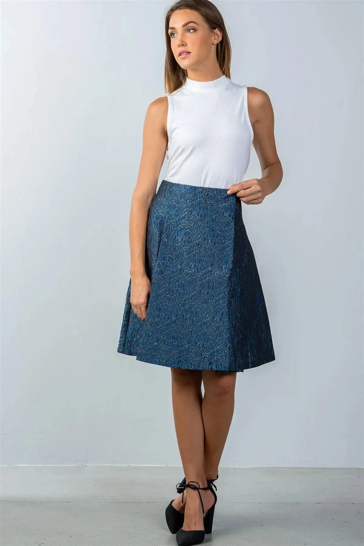 Blue Floral Pattern Textured Pleated Skirt /2-2-2