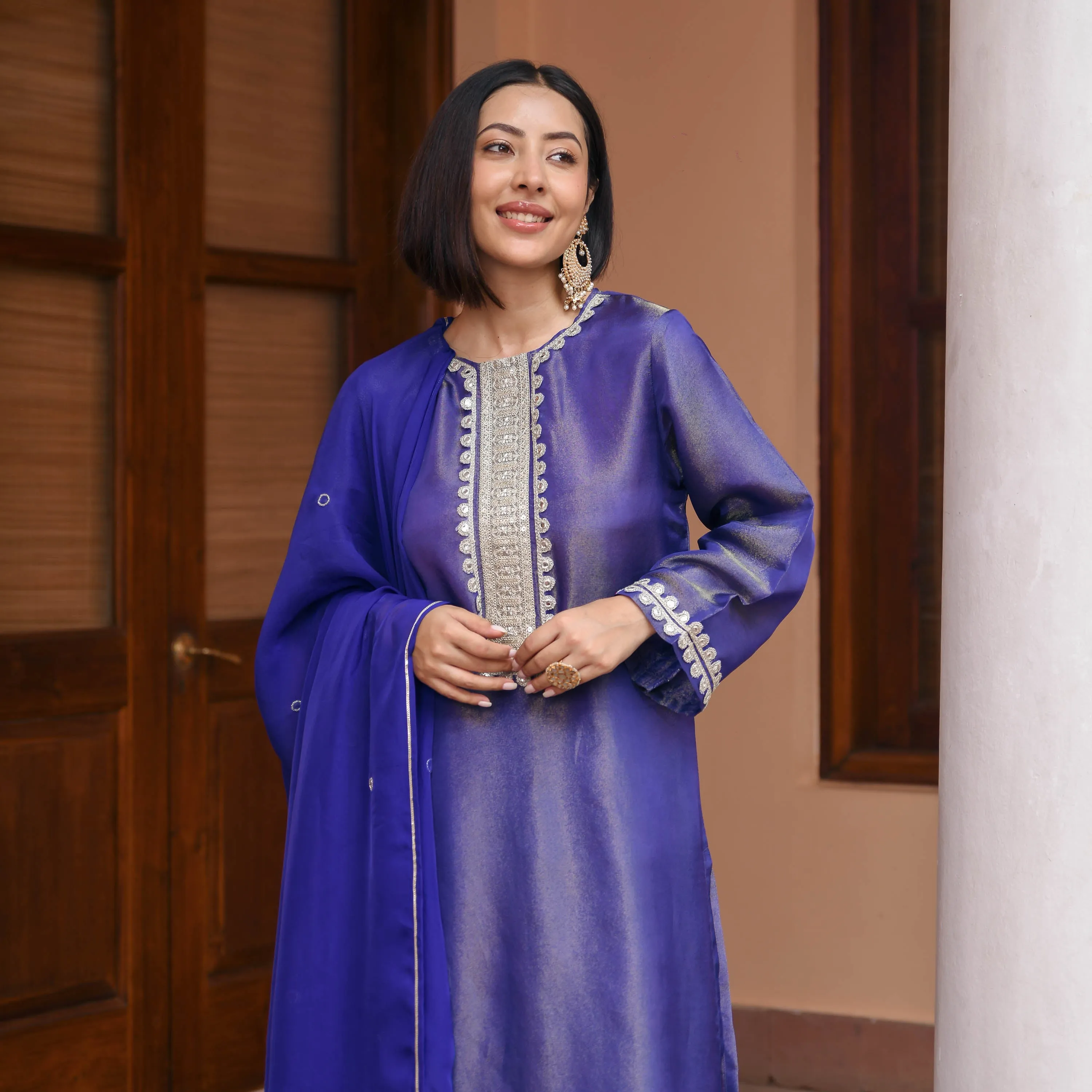 Blue Tissue Silk Suit Set