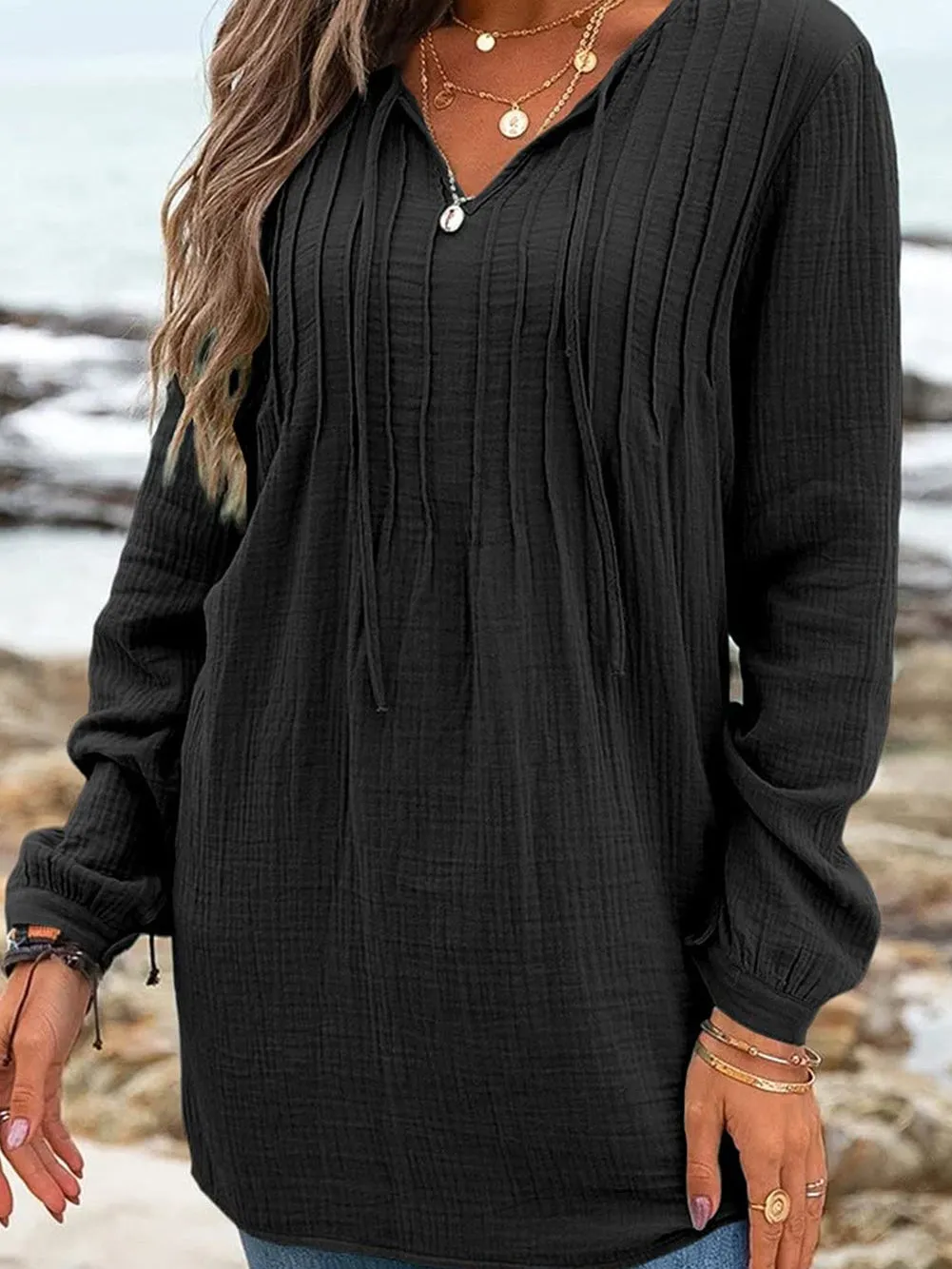 Bohemian Style V Neck Pleated Tunic Top