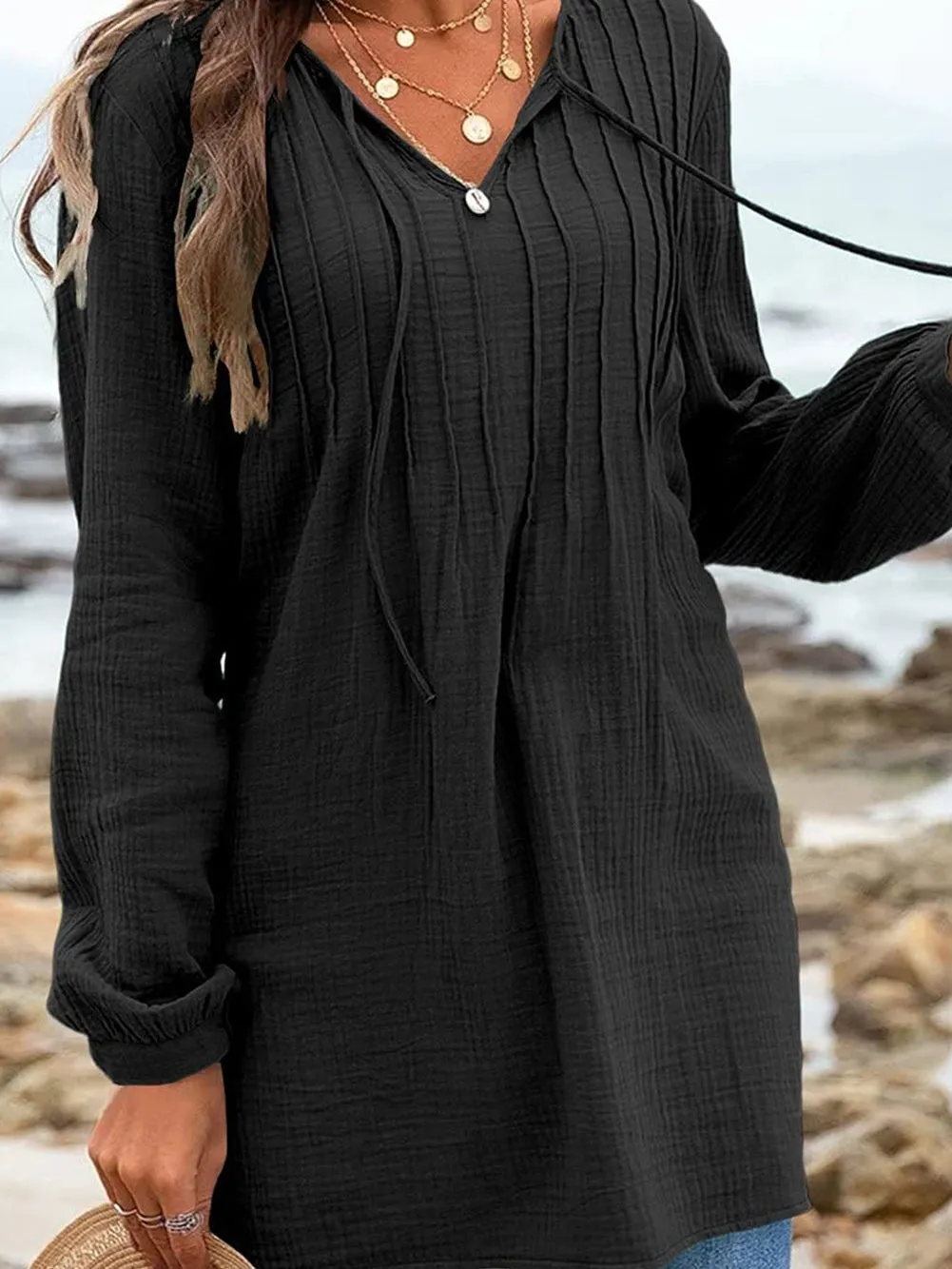 Bohemian Style V Neck Pleated Tunic Top