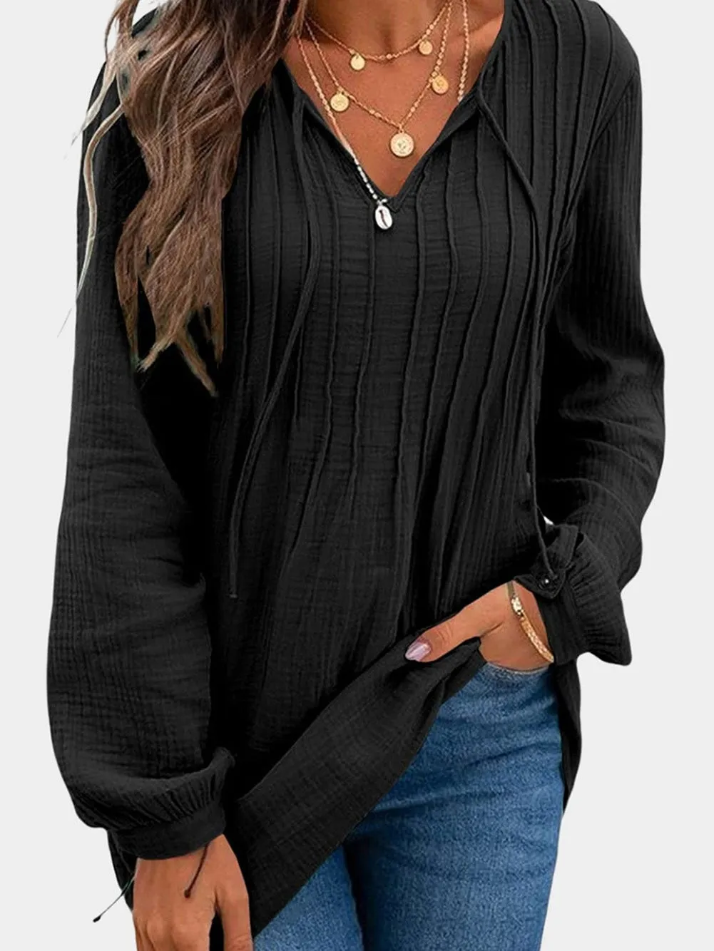 Bohemian Style V Neck Pleated Tunic Top