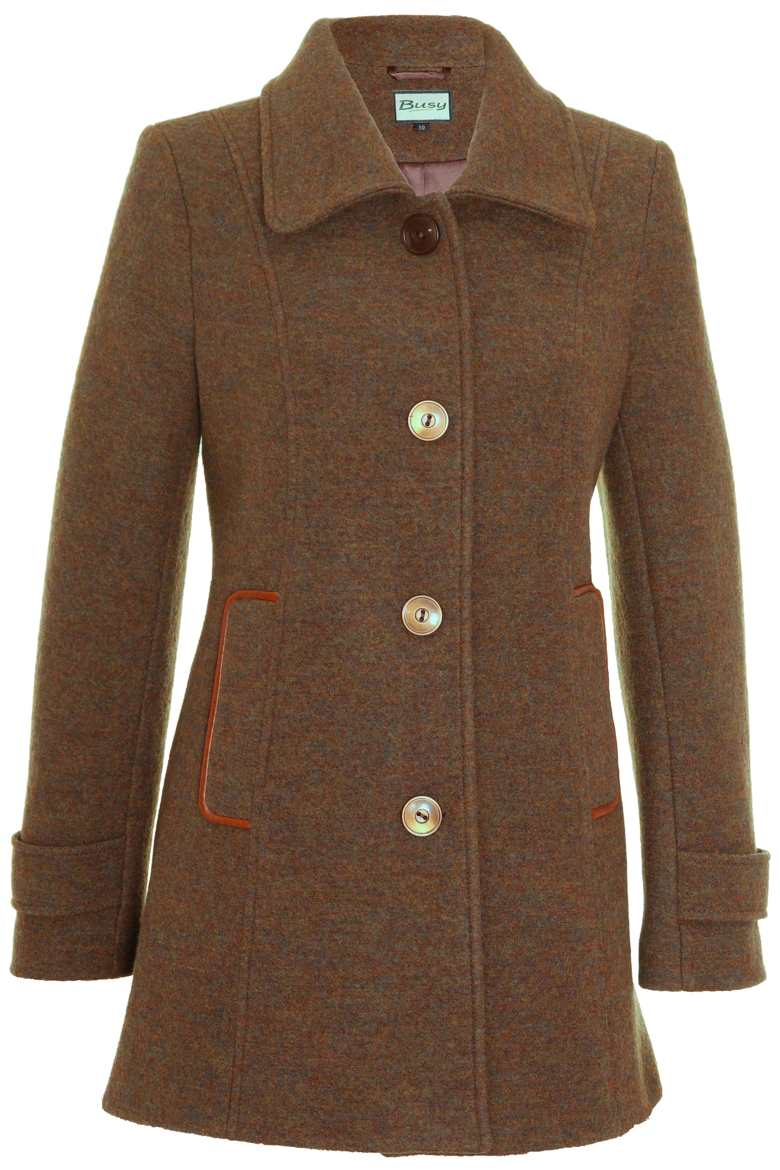 Busy Womens Dark Camel Melange Wool Coat with Collar