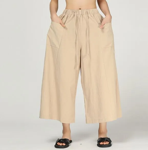 Buttons Wide Legs Pants Black Summer Women Casual Linen Harem Pants HD971310