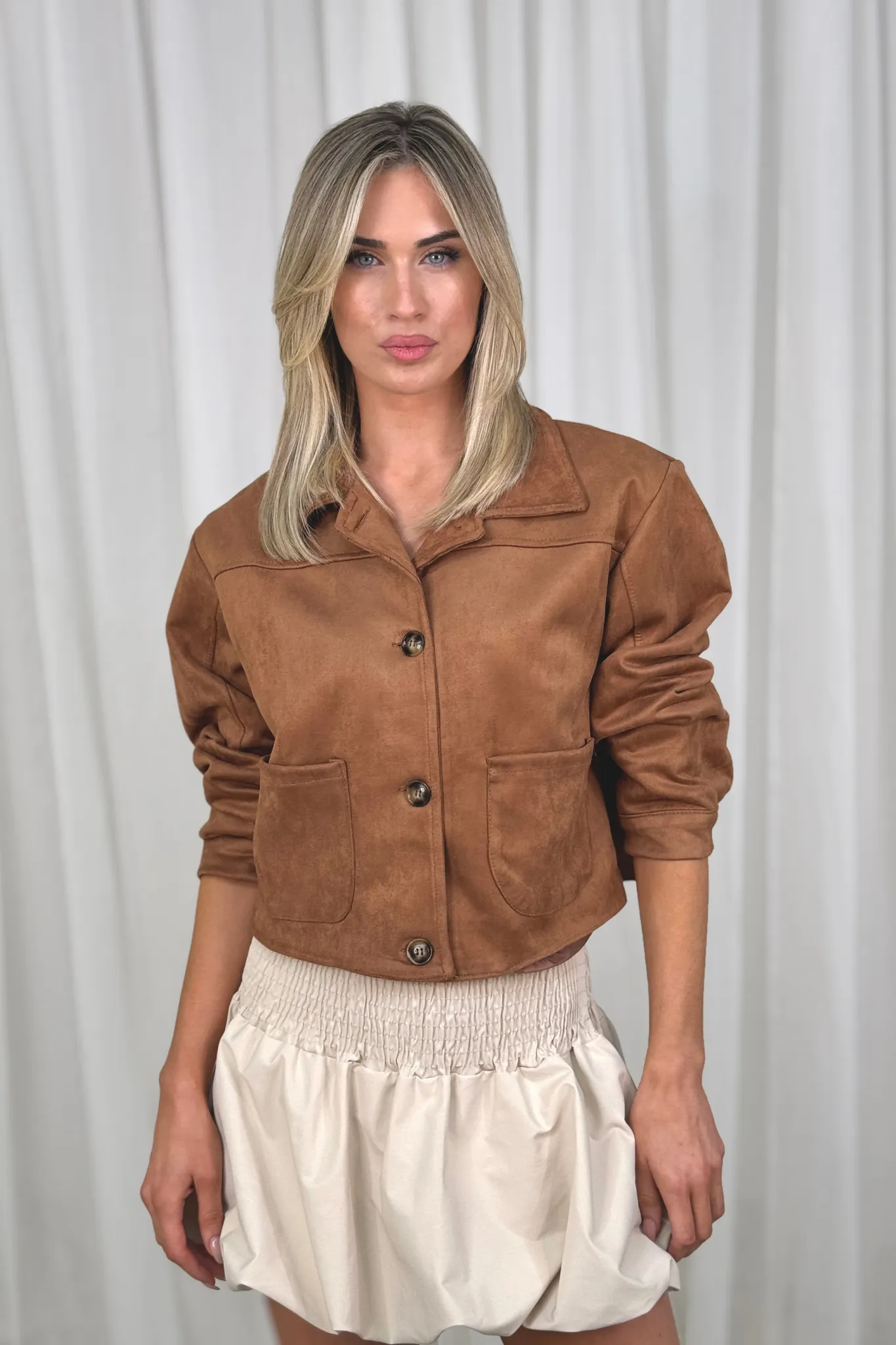 Caitlyn Crop Faux Suede Jacket In Camel