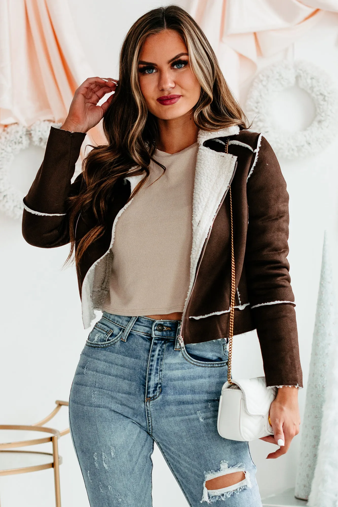 Caught In A Memory Sherpa Lined Faux Suede Jacket (Dark Brown)