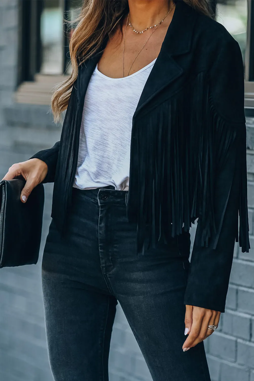 Cropped Fringe Faux Suede Jacket