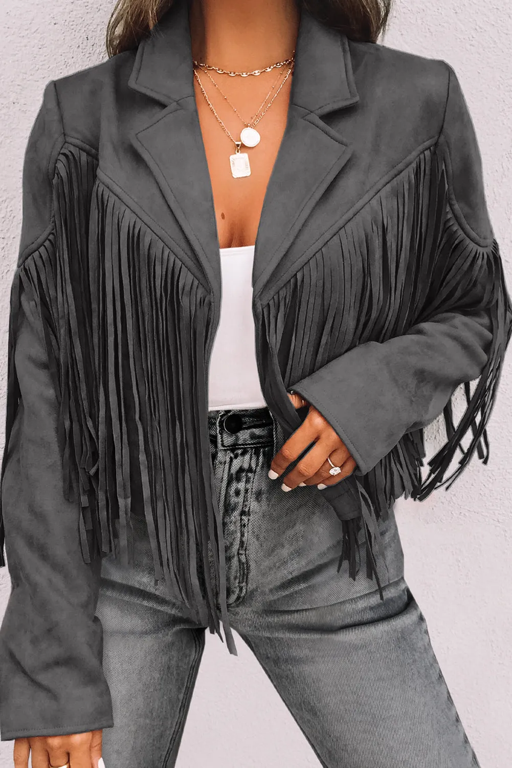 Cropped Fringe Faux Suede Jacket