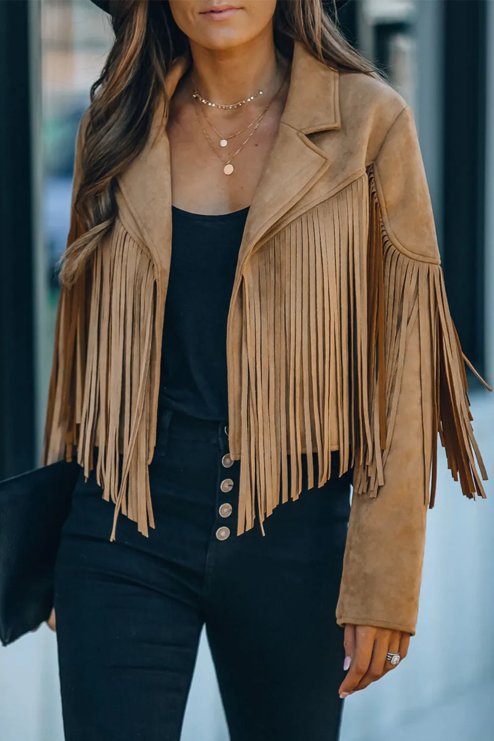 Cropped Fringe Faux Suede Jacket