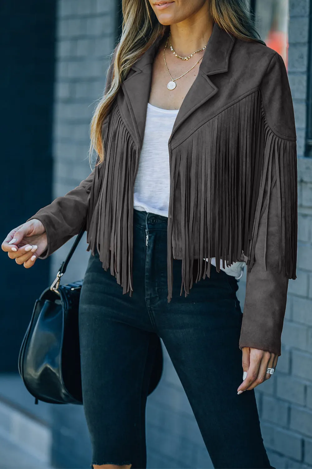 Cropped Fringe Faux Suede Jacket