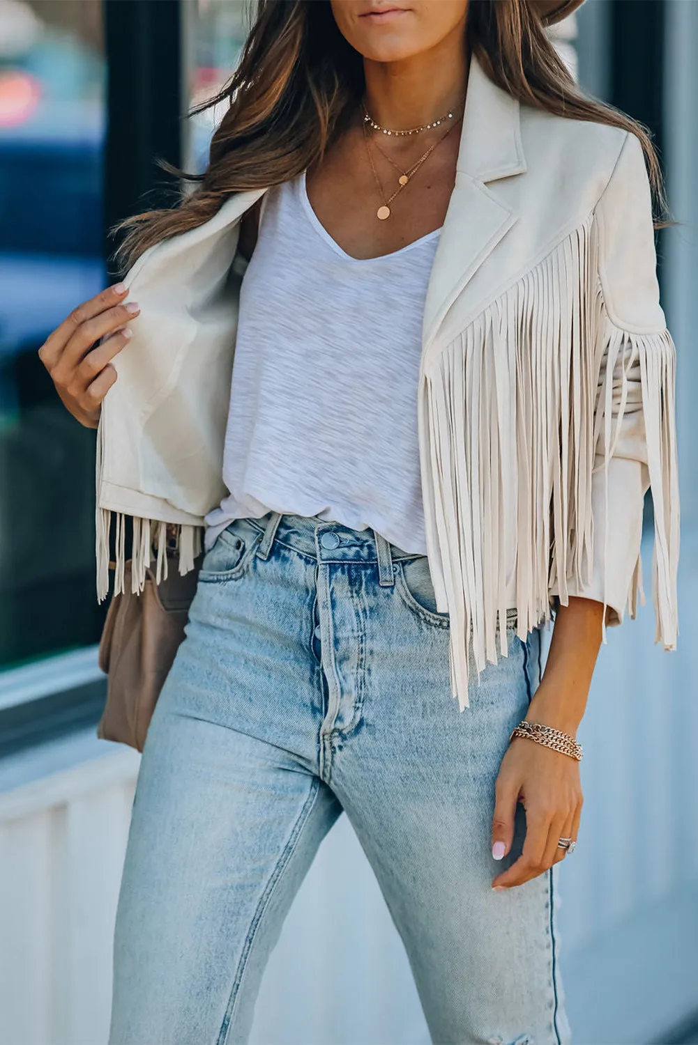 Cropped Fringe Faux Suede Jacket