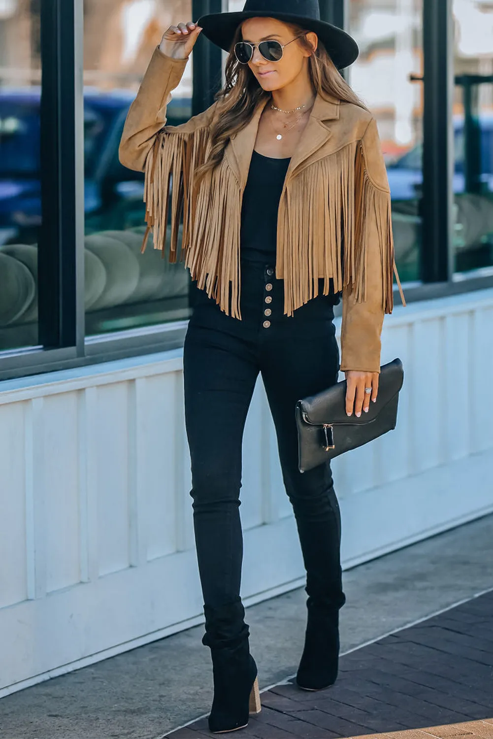 Cropped Fringe Faux Suede Jacket