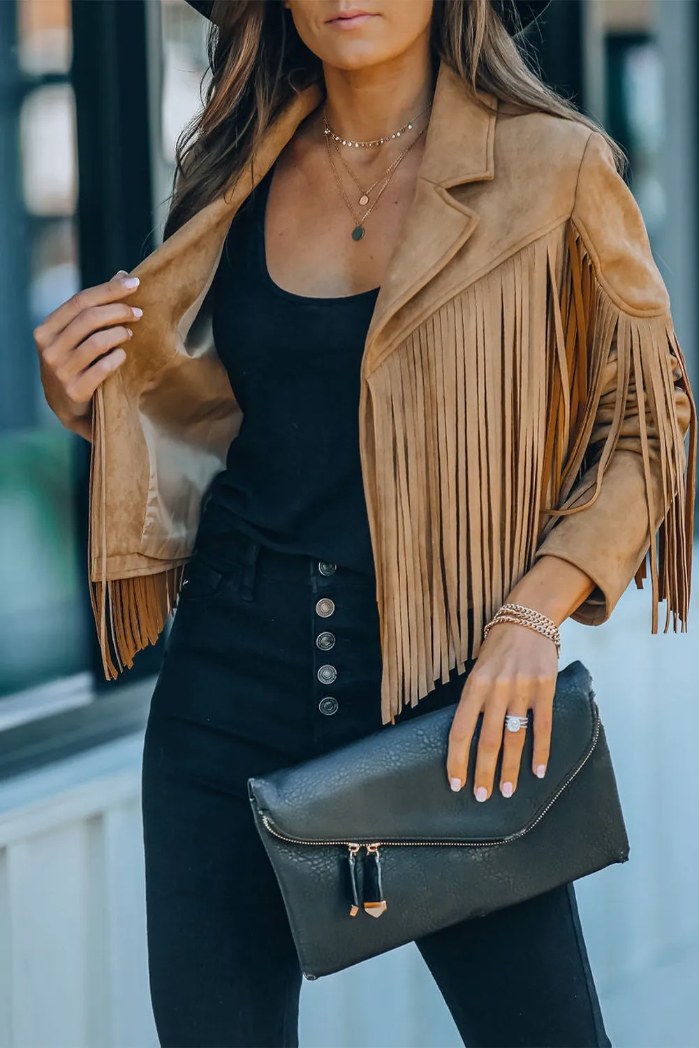 Cropped Fringe Faux Suede Jacket