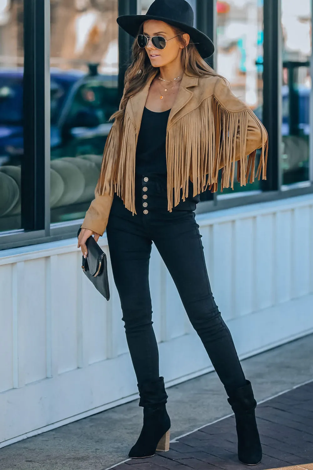 Cropped Fringe Faux Suede Jacket