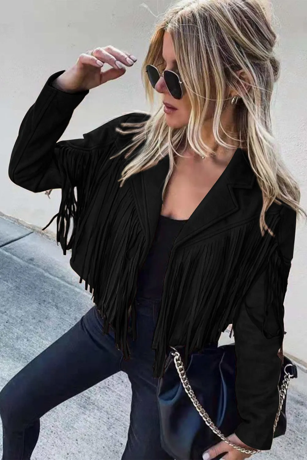 Cropped Fringe Faux Suede Jacket