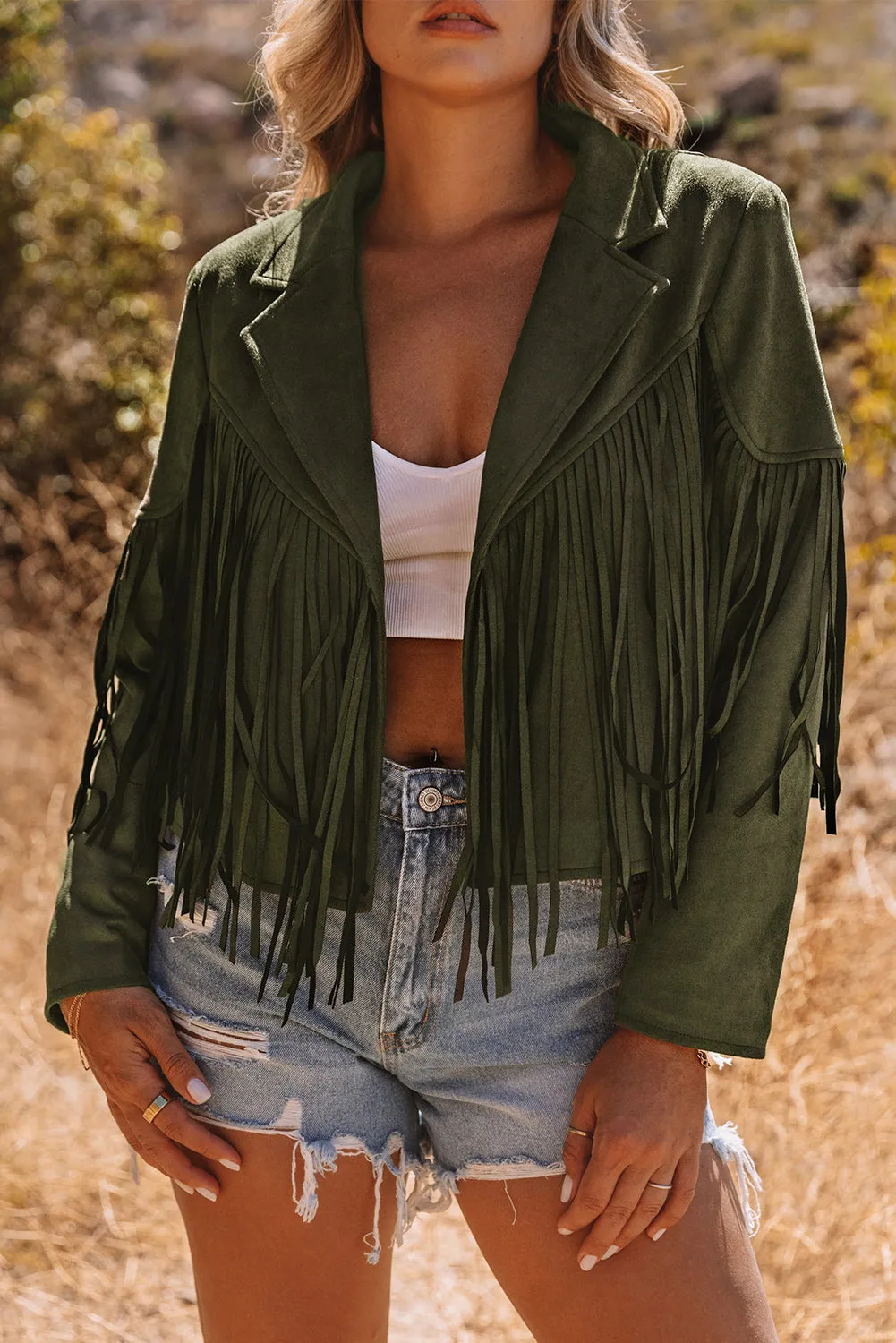 Cropped Fringe Faux Suede Jacket