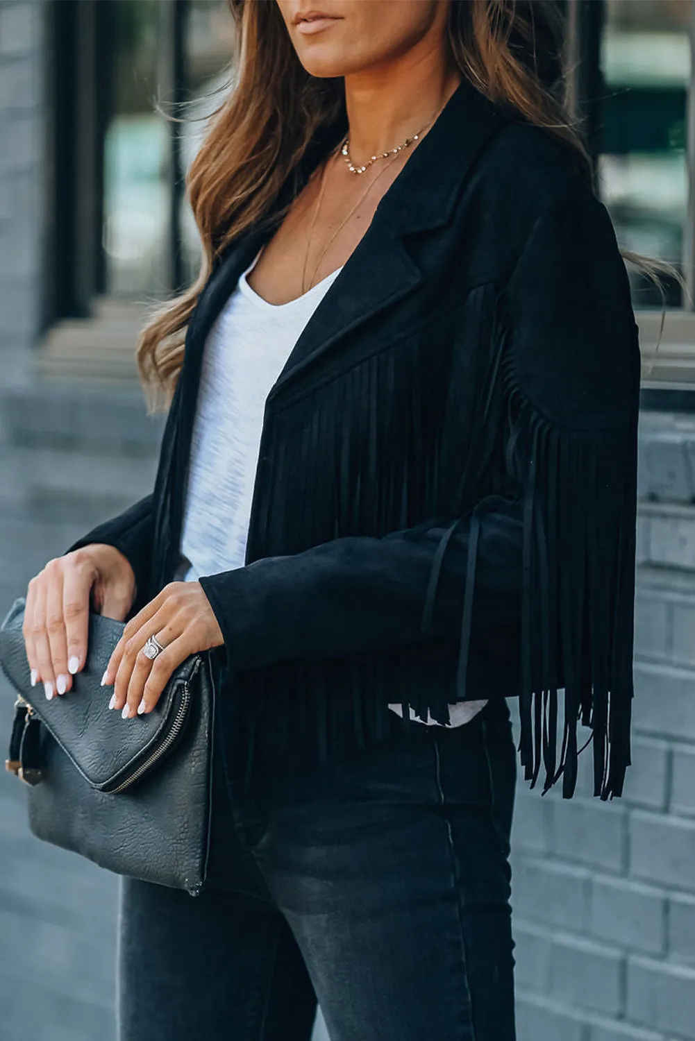 Cropped Fringe Faux Suede Jacket