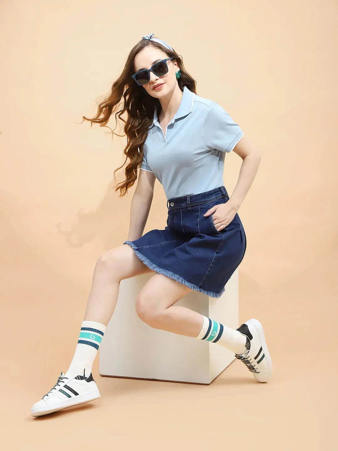 Dark Blue Cotton Blend Regular Fit Skirt For Women