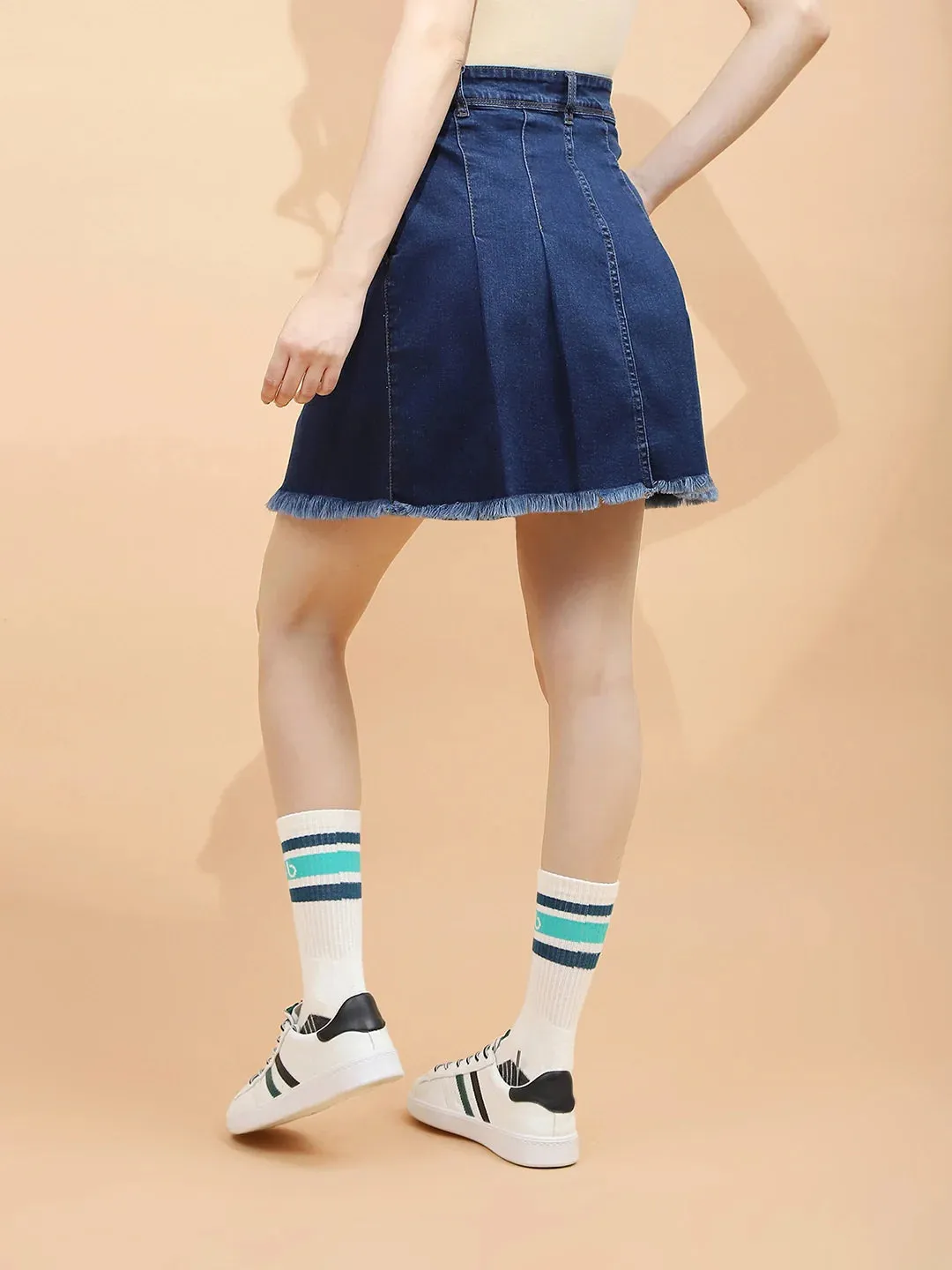 Dark Blue Cotton Blend Regular Fit Skirt For Women