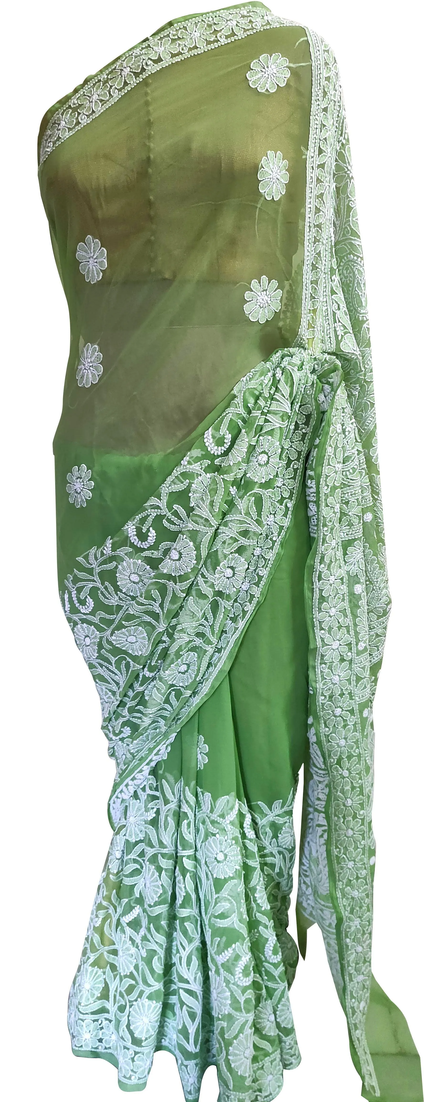 Hand Embroidered Heavy Chikankari Green Chiffon Saree CK76