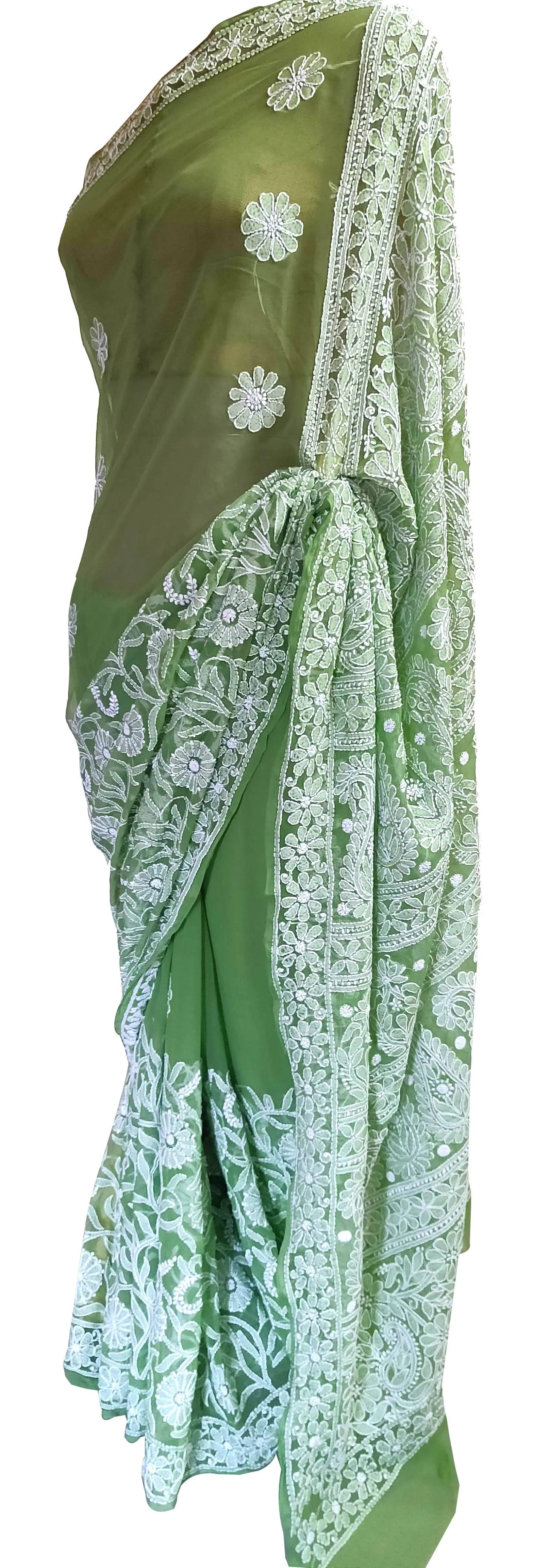 Hand Embroidered Heavy Chikankari Green Chiffon Saree CK76