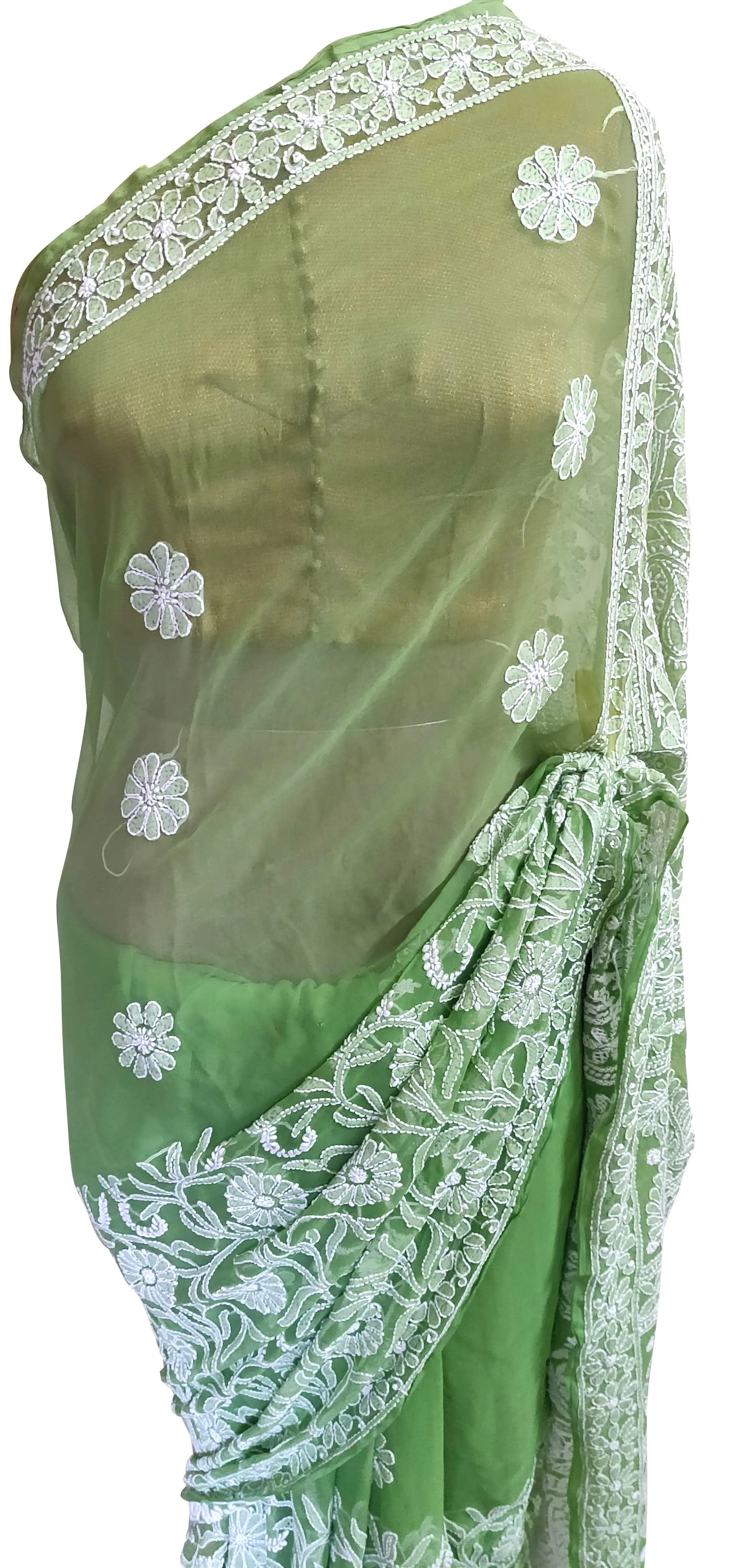 Hand Embroidered Heavy Chikankari Green Chiffon Saree CK76