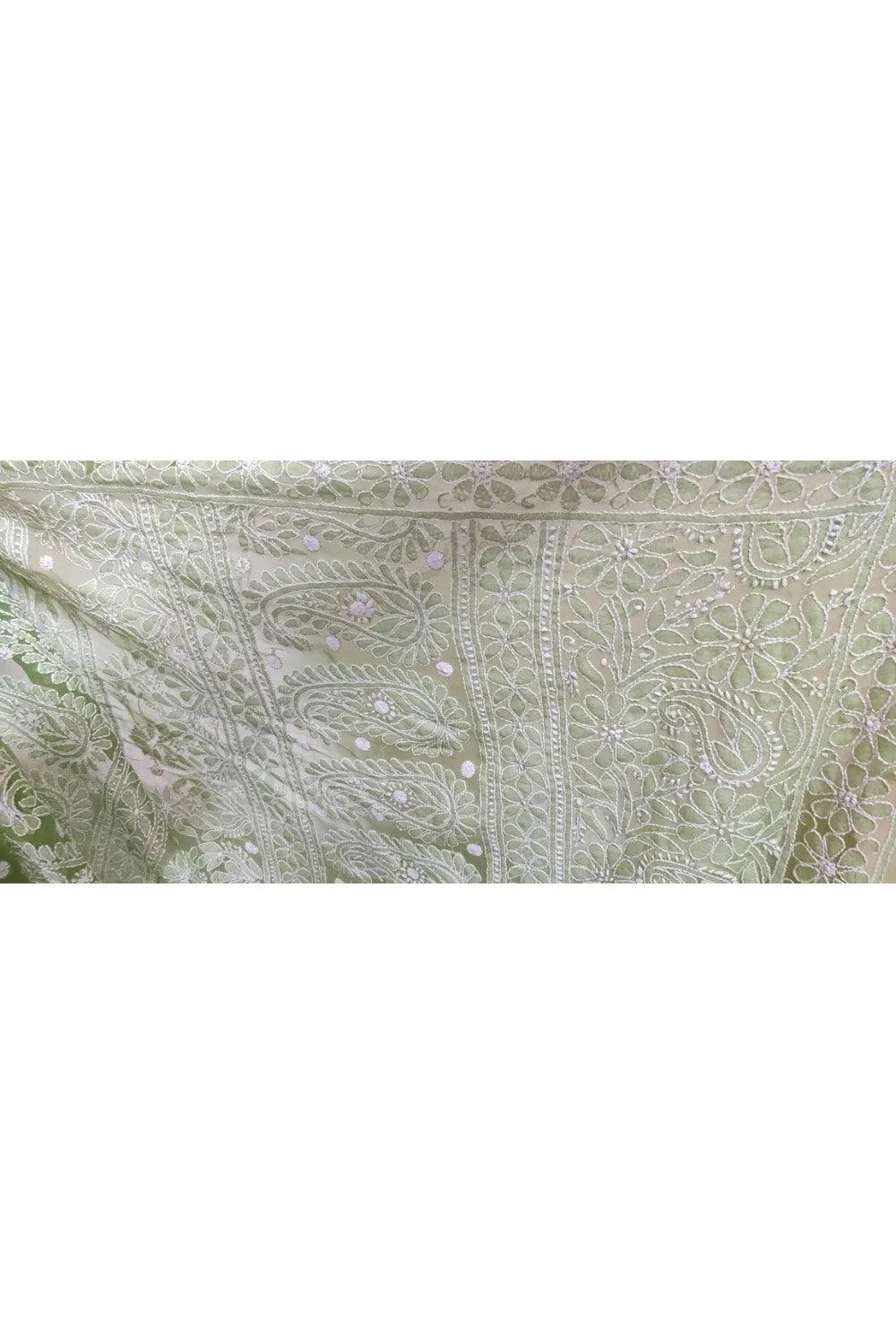 Hand Embroidered Heavy Chikankari Green Chiffon Saree CK76