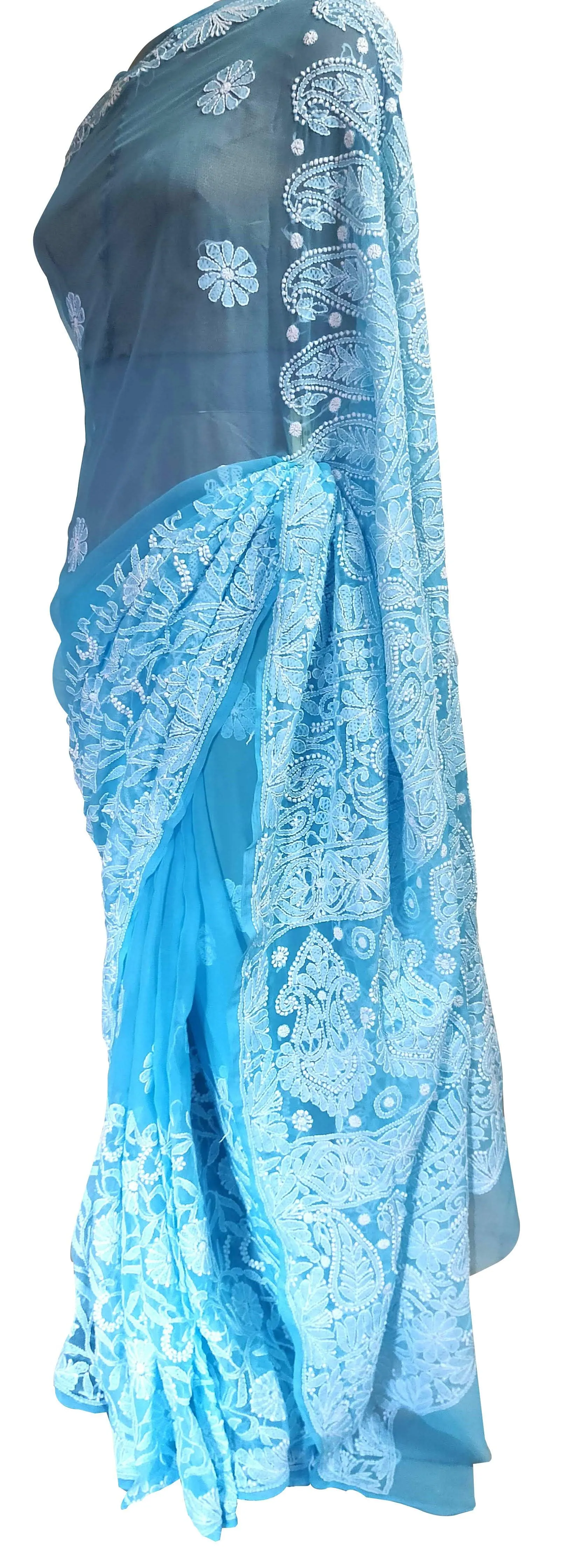 Hand Embroidered Heavy Chikankari Sky Blue Chiffon Saree CK75