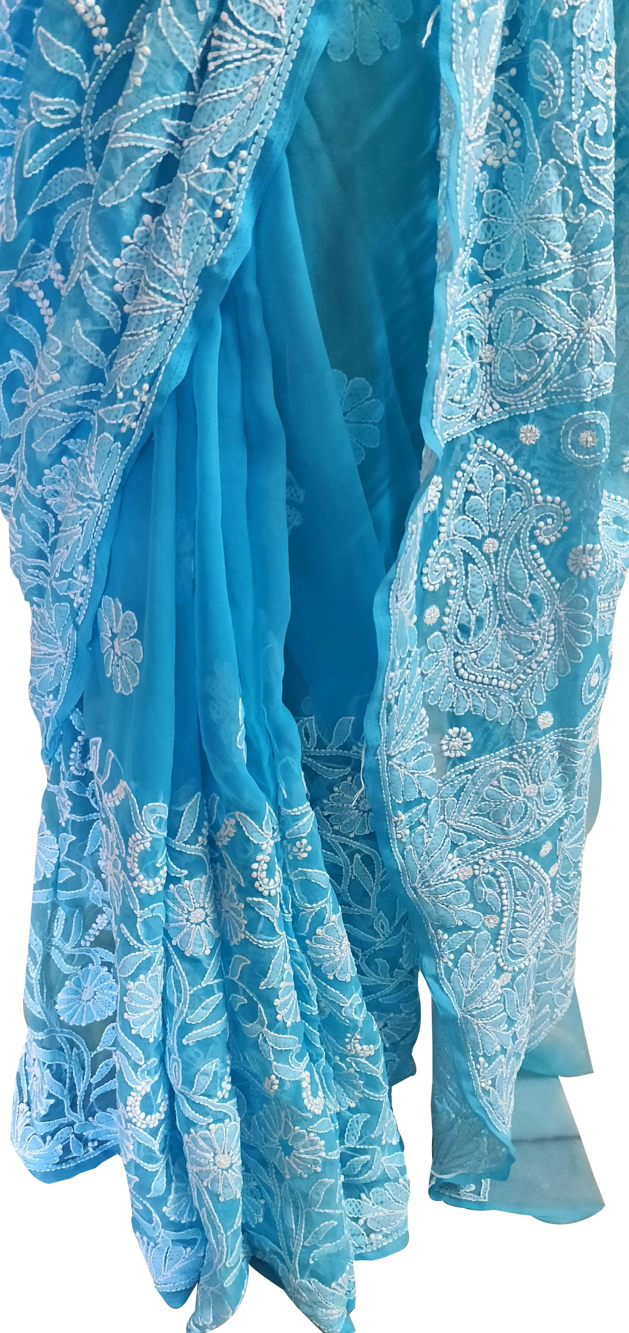 Hand Embroidered Heavy Chikankari Sky Blue Chiffon Saree CK75