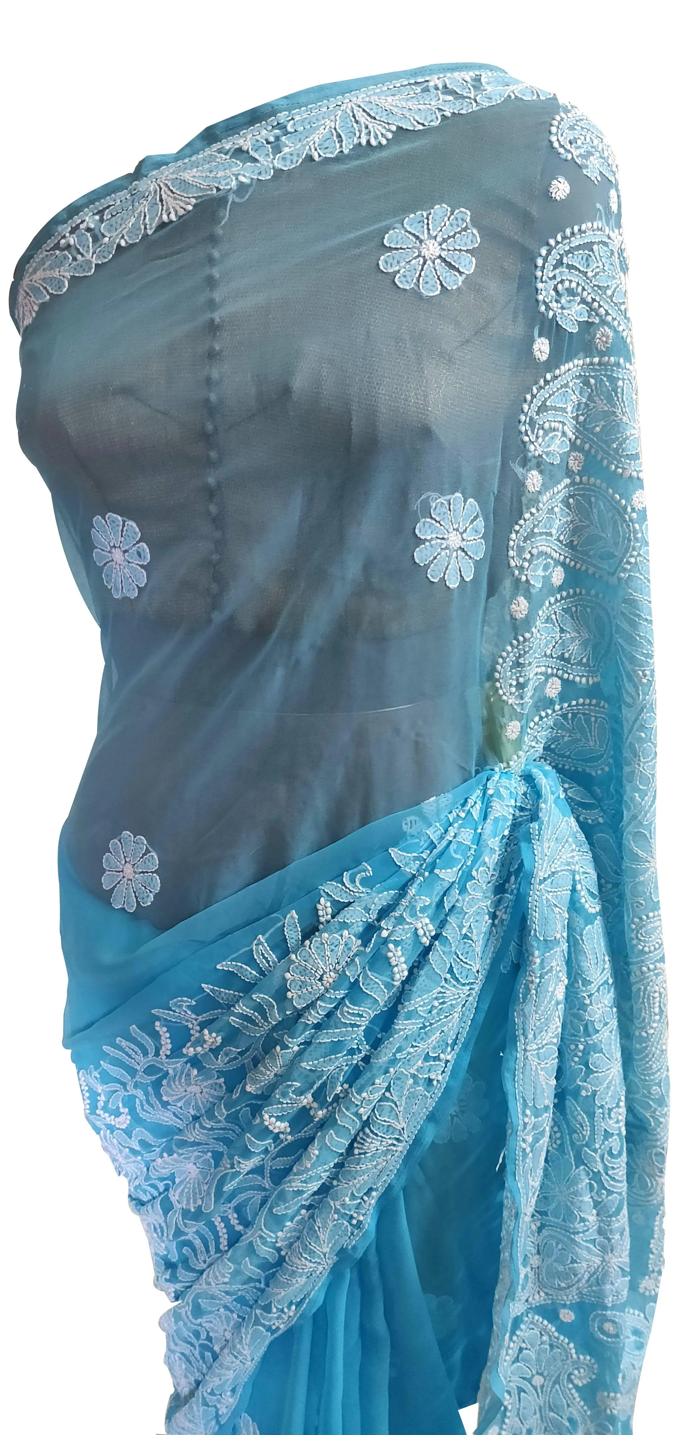 Hand Embroidered Heavy Chikankari Sky Blue Chiffon Saree CK75