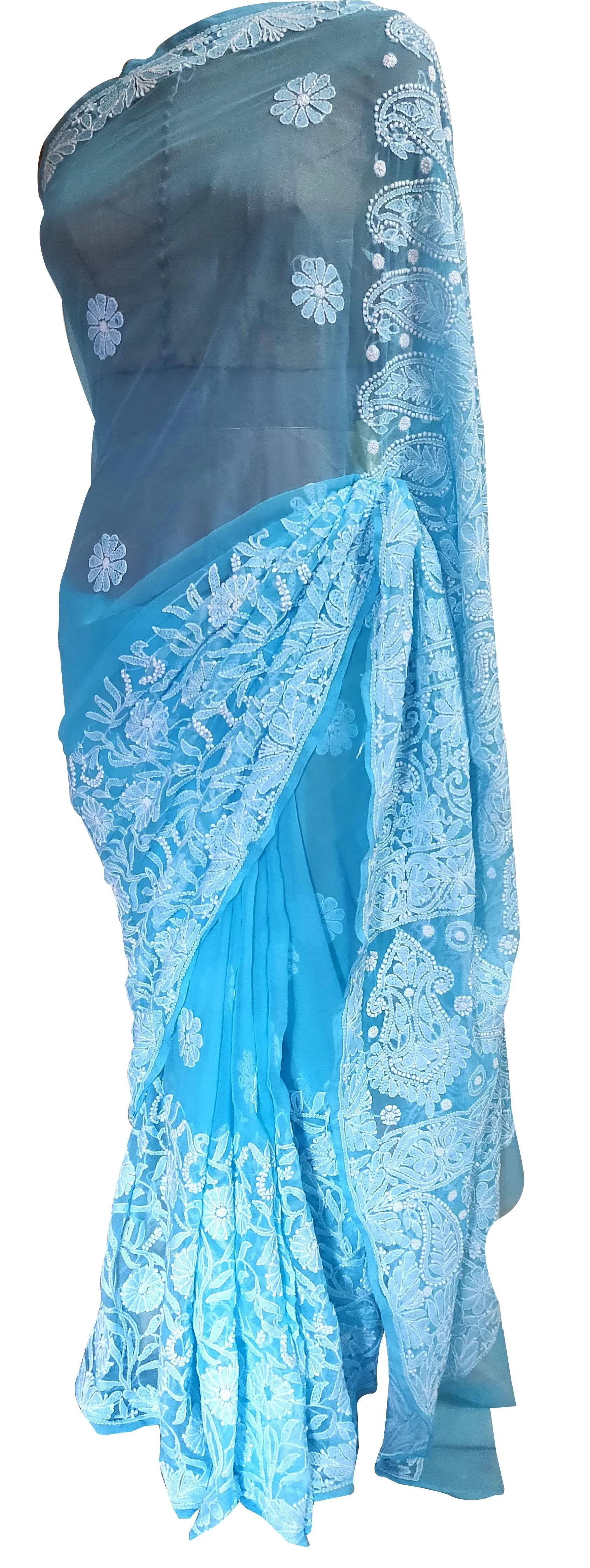 Hand Embroidered Heavy Chikankari Sky Blue Chiffon Saree CK75