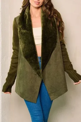 Knit Faux Suede   Shaved Faux Fur Open Jacket