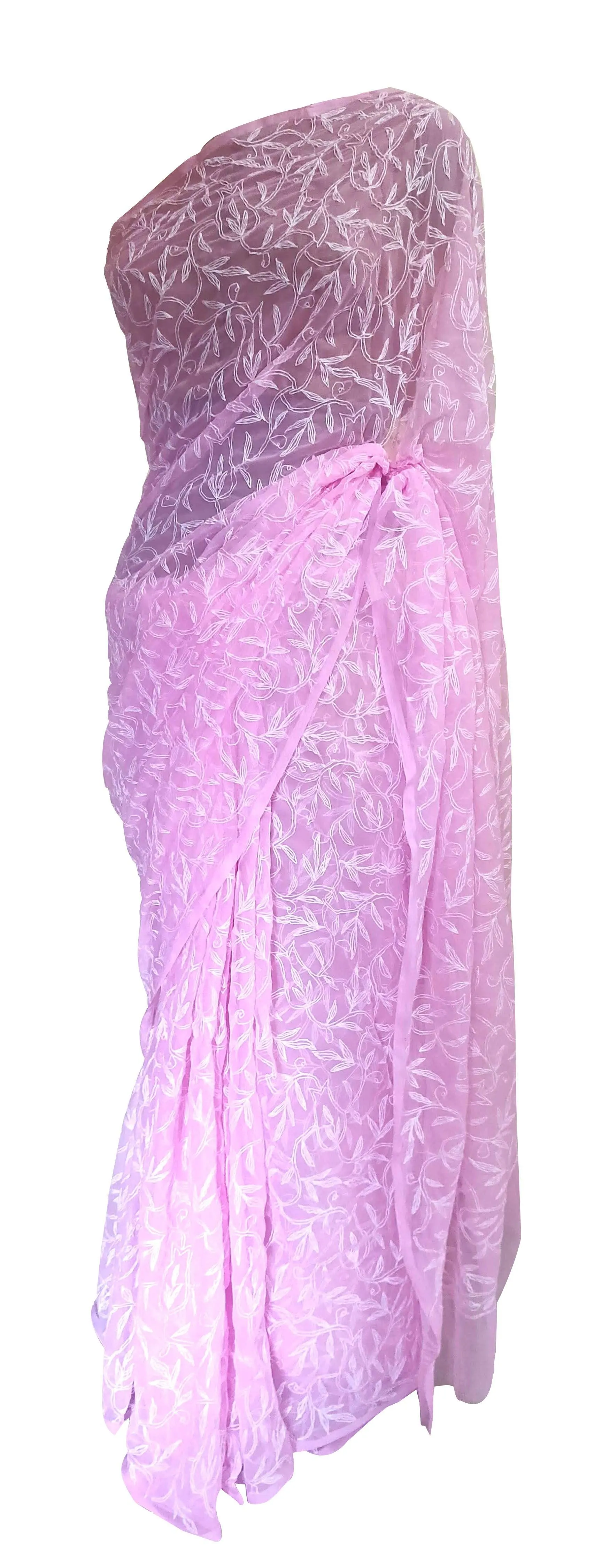 Light Pink Tepchi Chikankari Chiffon Saree CK65