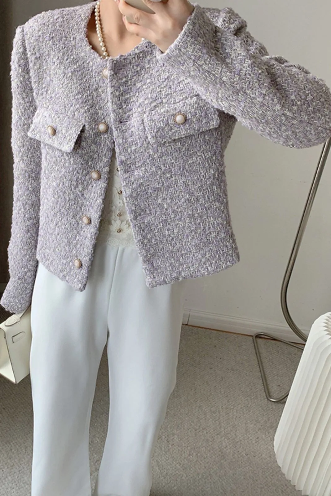 Light Purple Single Breasted Jewel Neck Wool Blend Short Jacket