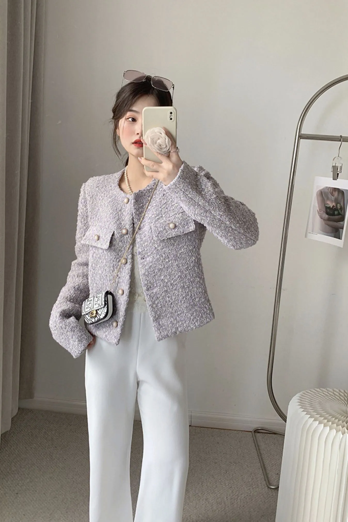 Light Purple Single Breasted Jewel Neck Wool Blend Short Jacket