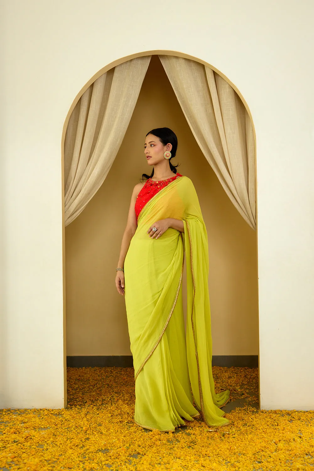 Lime Green Pure Silk Chiffon Saree