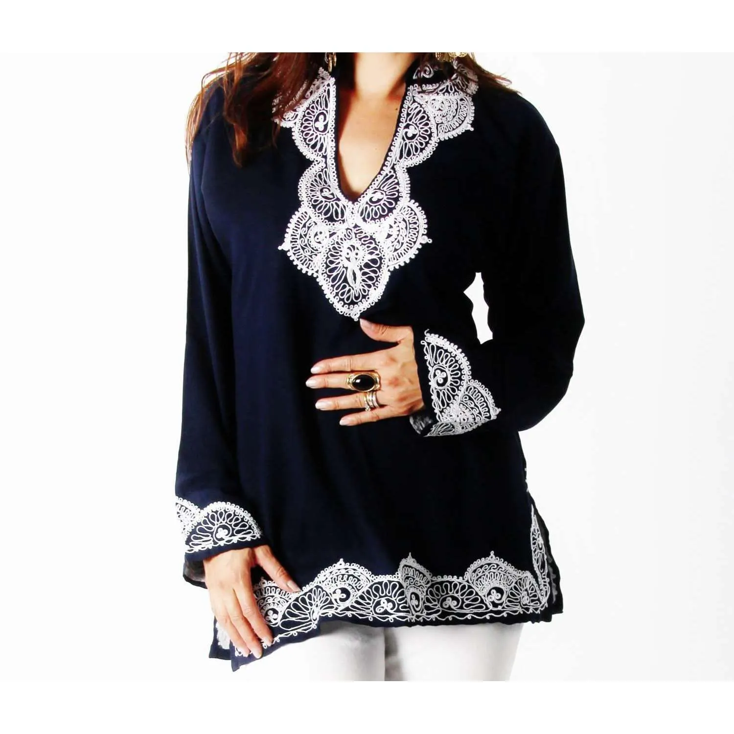 Navy Tunic with White Embroidery-Salma Style