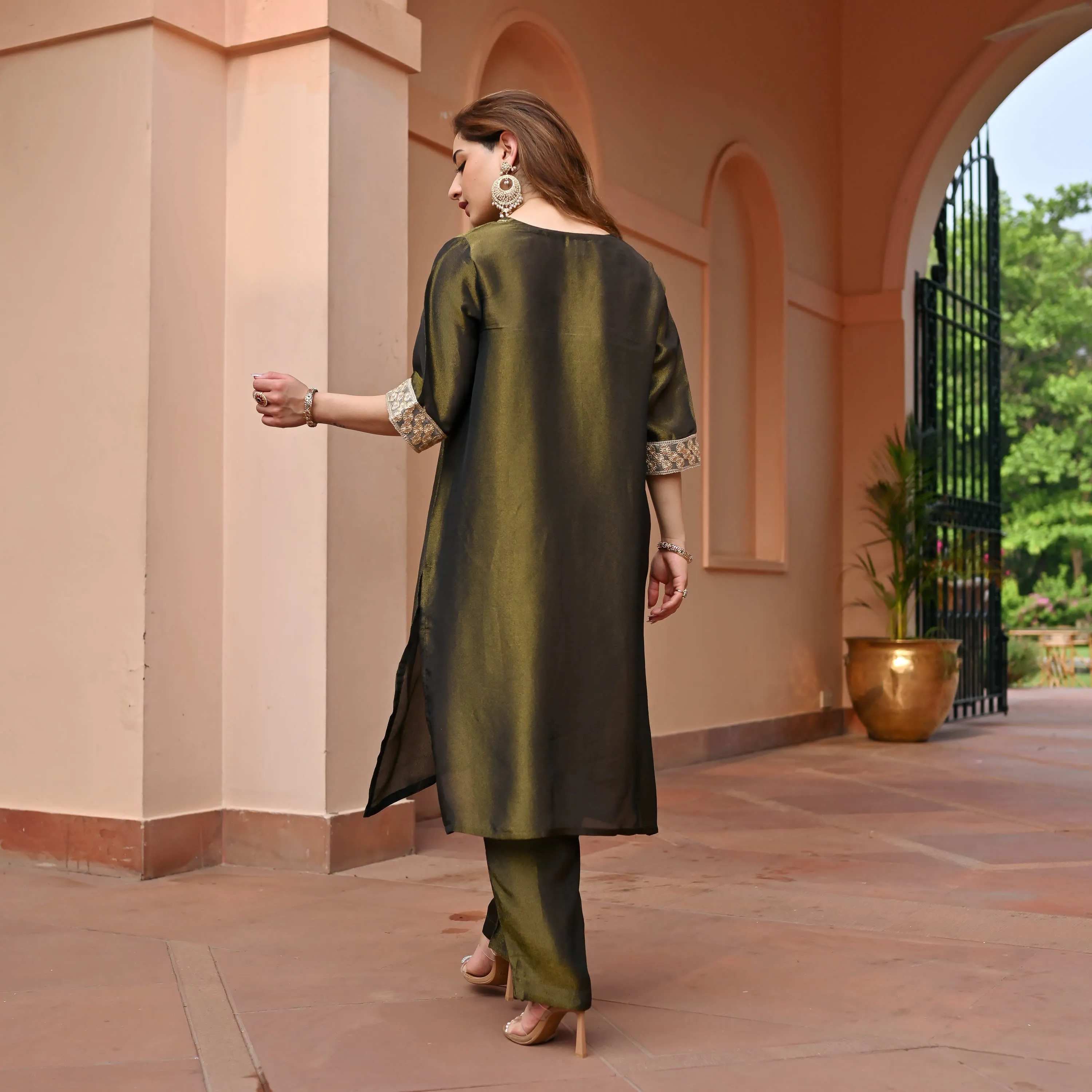 Olive Tissue Silk Kurta Set