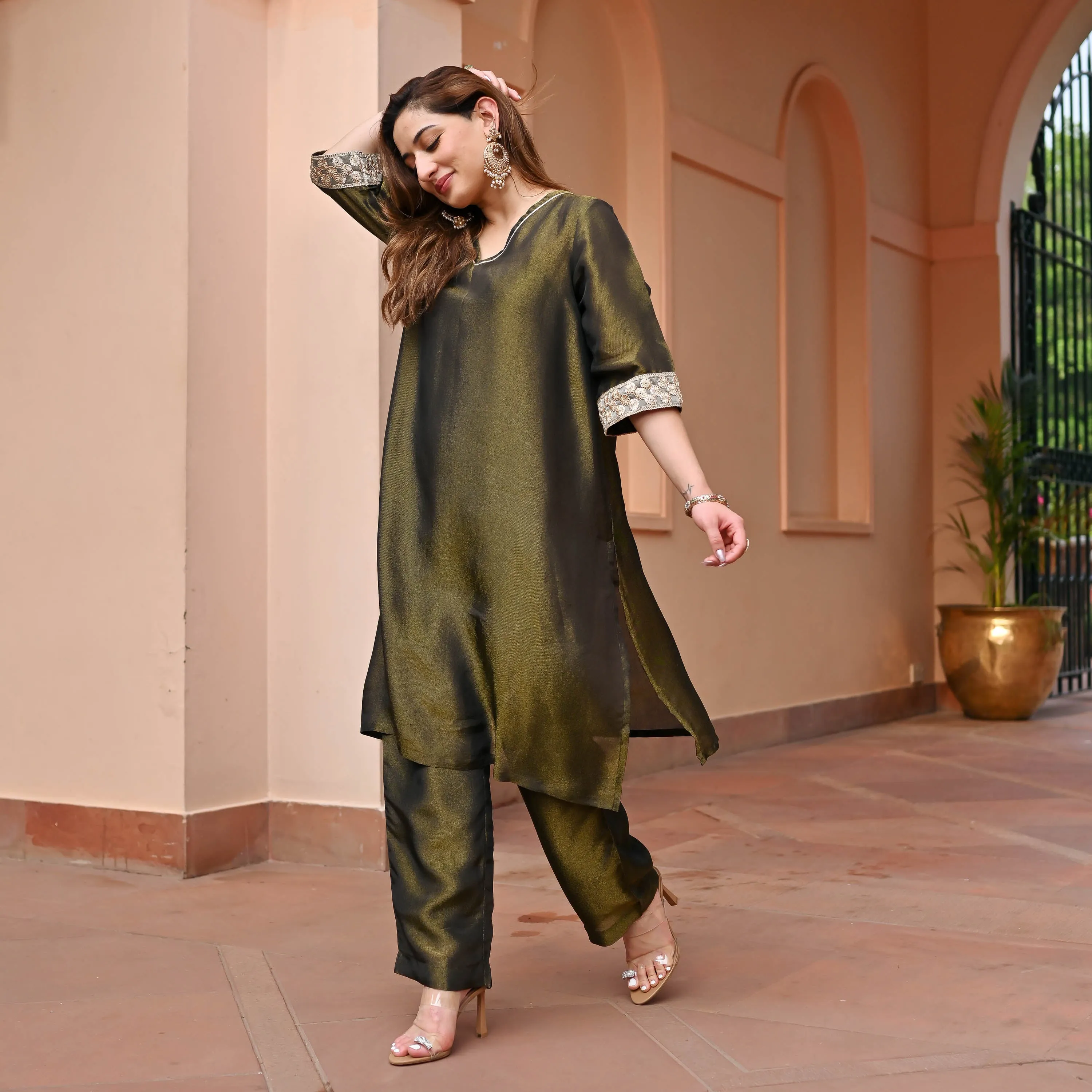 Olive Tissue Silk Kurta Set