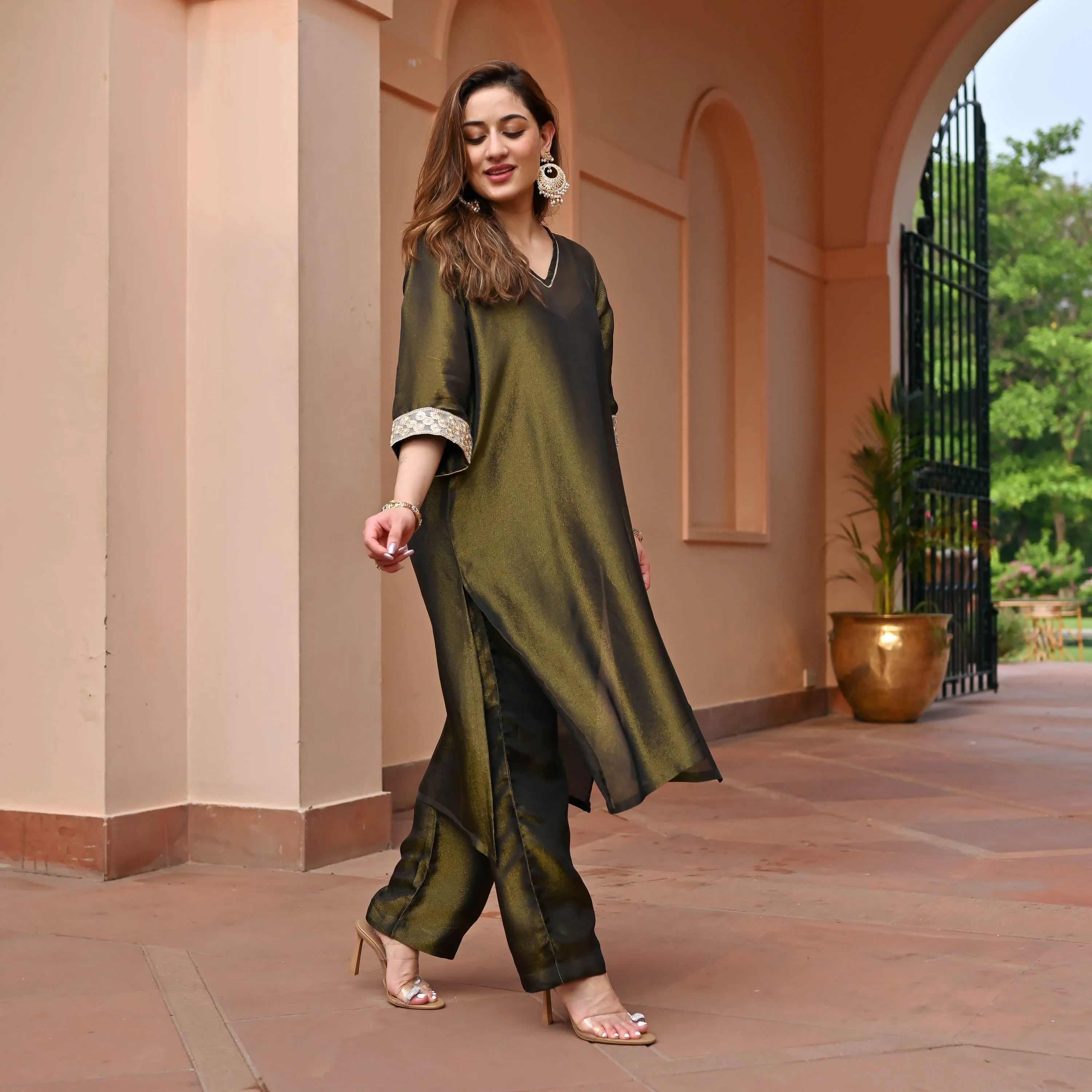 Olive Tissue Silk Kurta Set