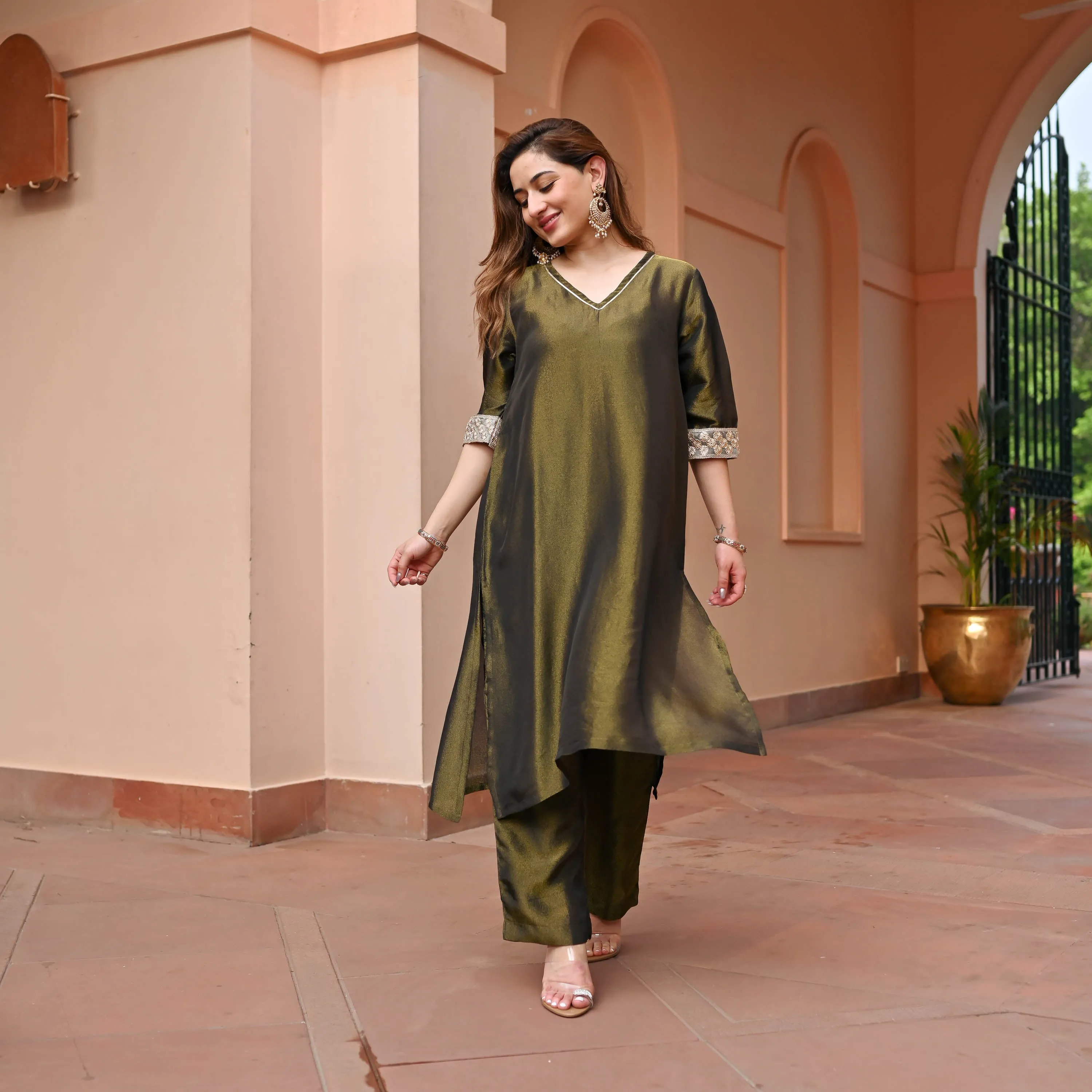 Olive Tissue Silk Kurta Set