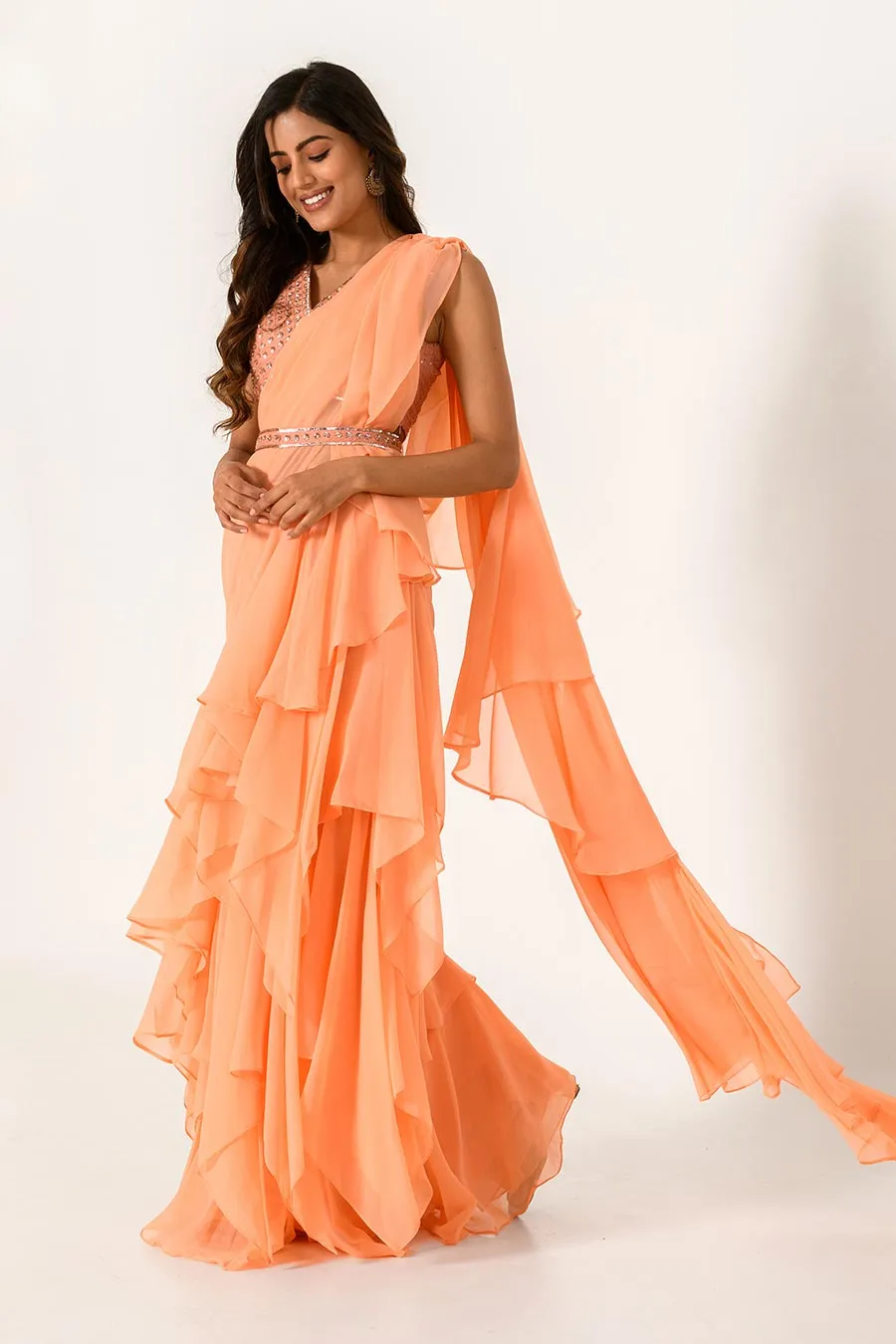 Orange Embroidered Ruffle Saree